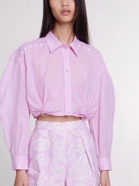 Maje Ramie Embroidered Cropped Shirt